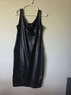 Sleek Black Sleeveless Vegan Leather Midi Dress